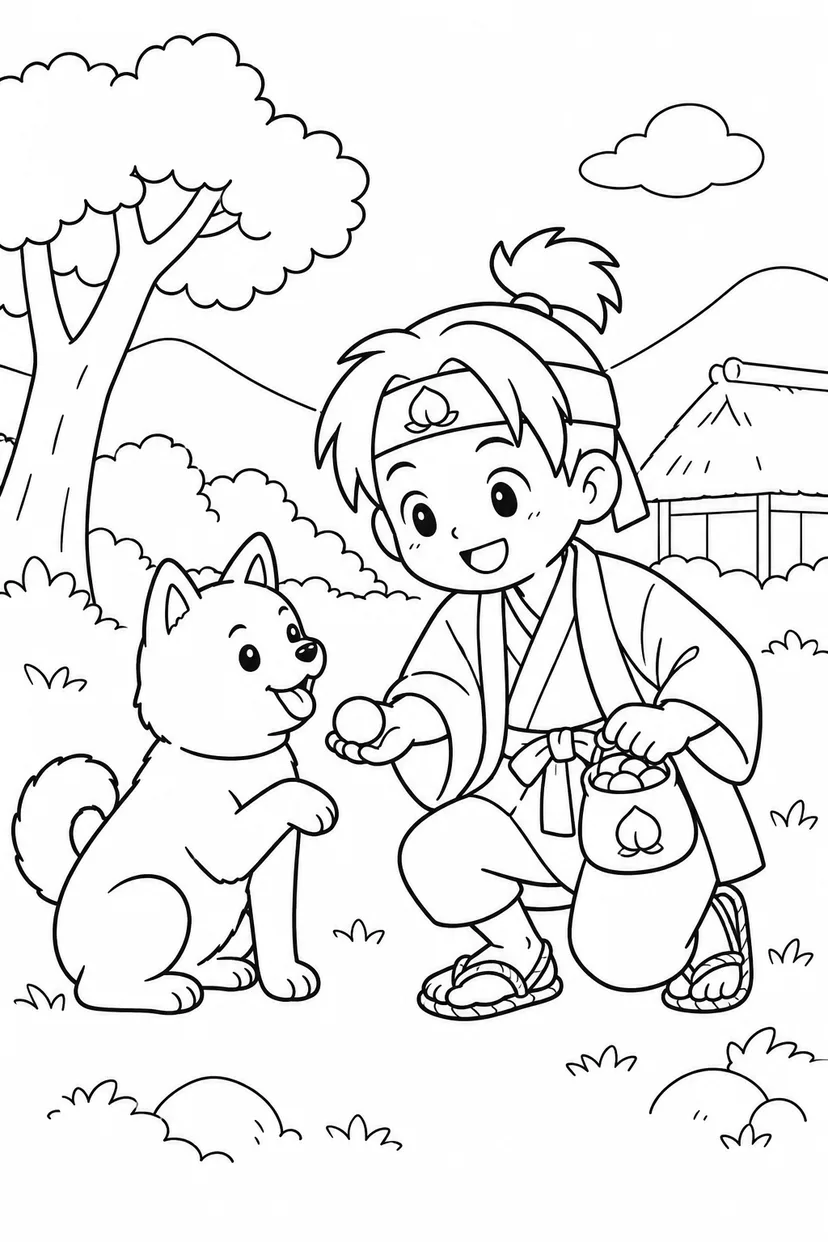 ほっこり桃太郎：犬にきびだんごをどうぞの塗り絵