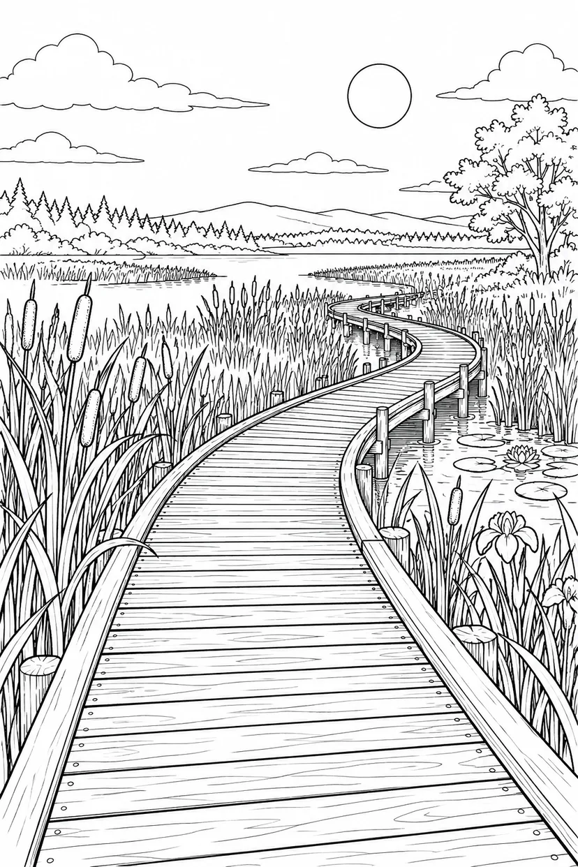 自然のひとこま：葦原の木の遊歩道の塗り絵