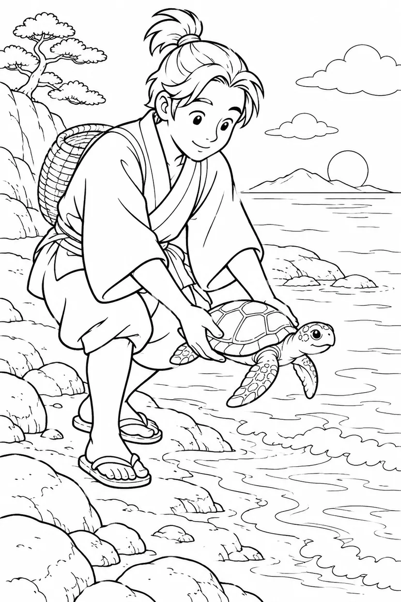 浦島太郎：亀を抱いて海へ（ほっこり）の塗り絵