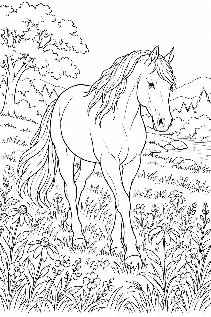 草原をゆっくり歩く馬の塗り絵