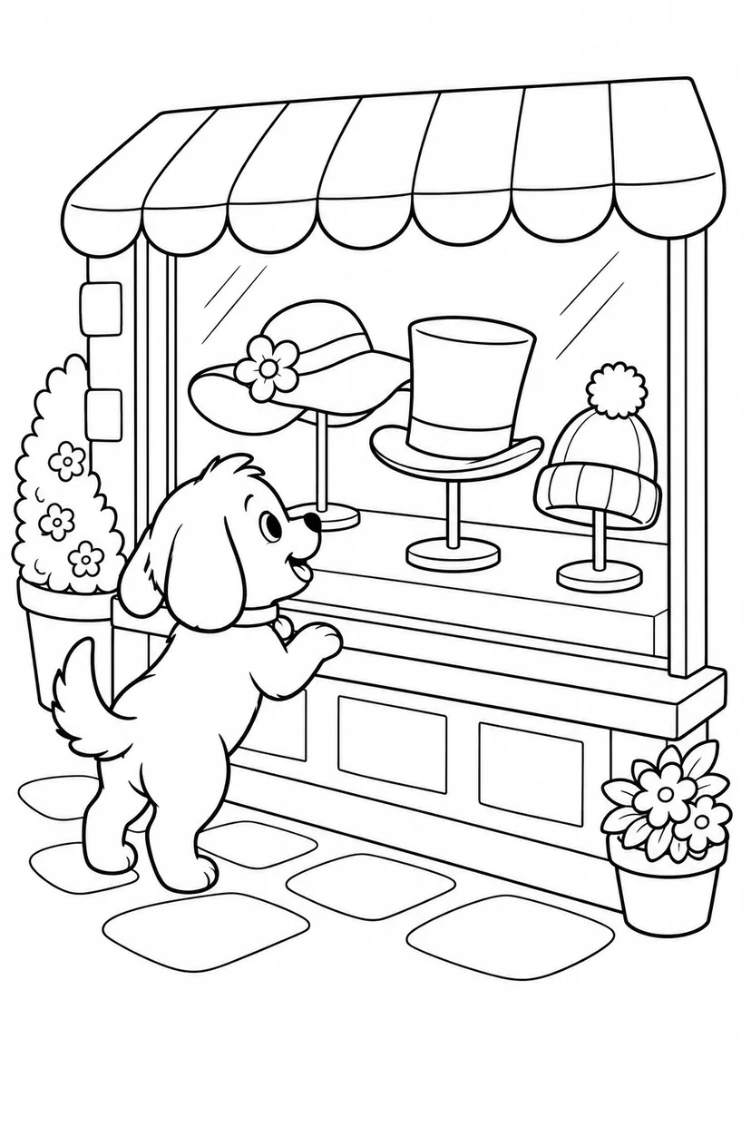 こいぬの帽子屋さんのショーウィンドウの塗り絵