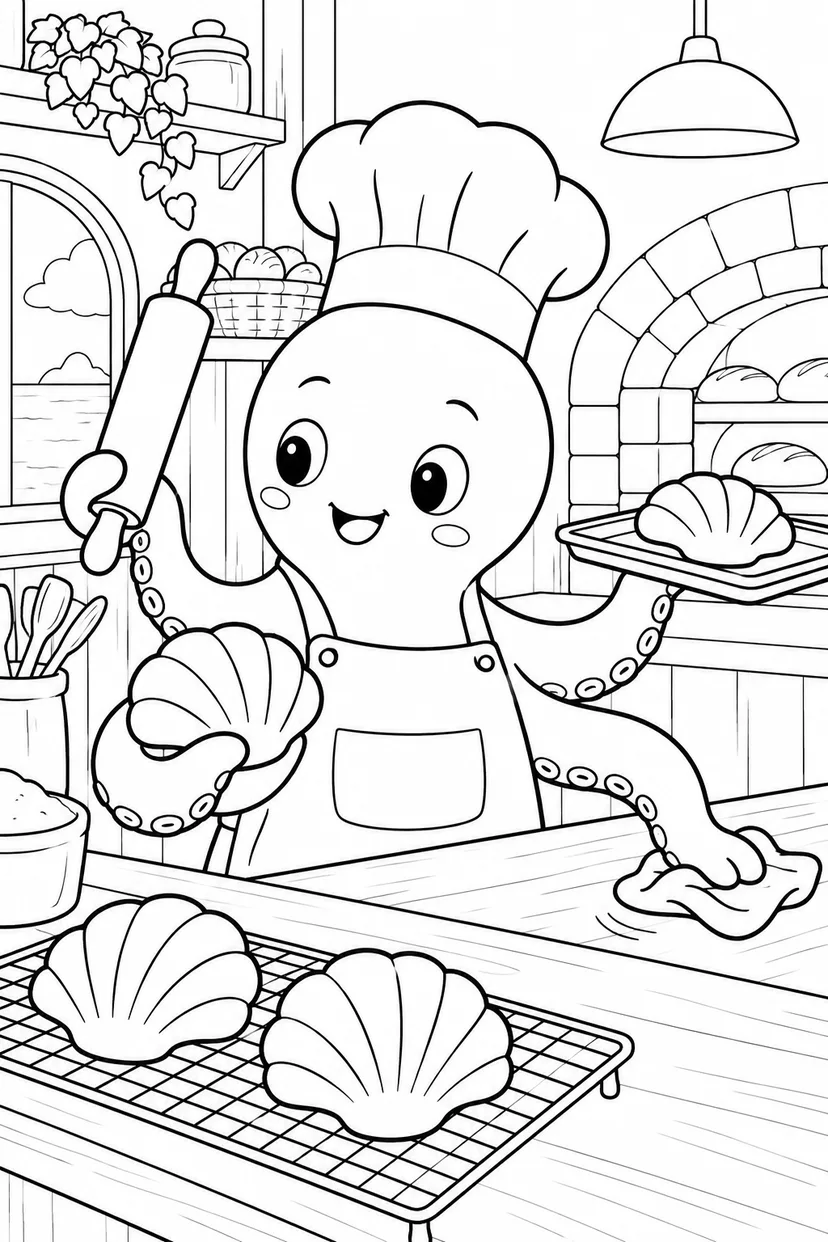 タコのパン屋さんの塗り絵