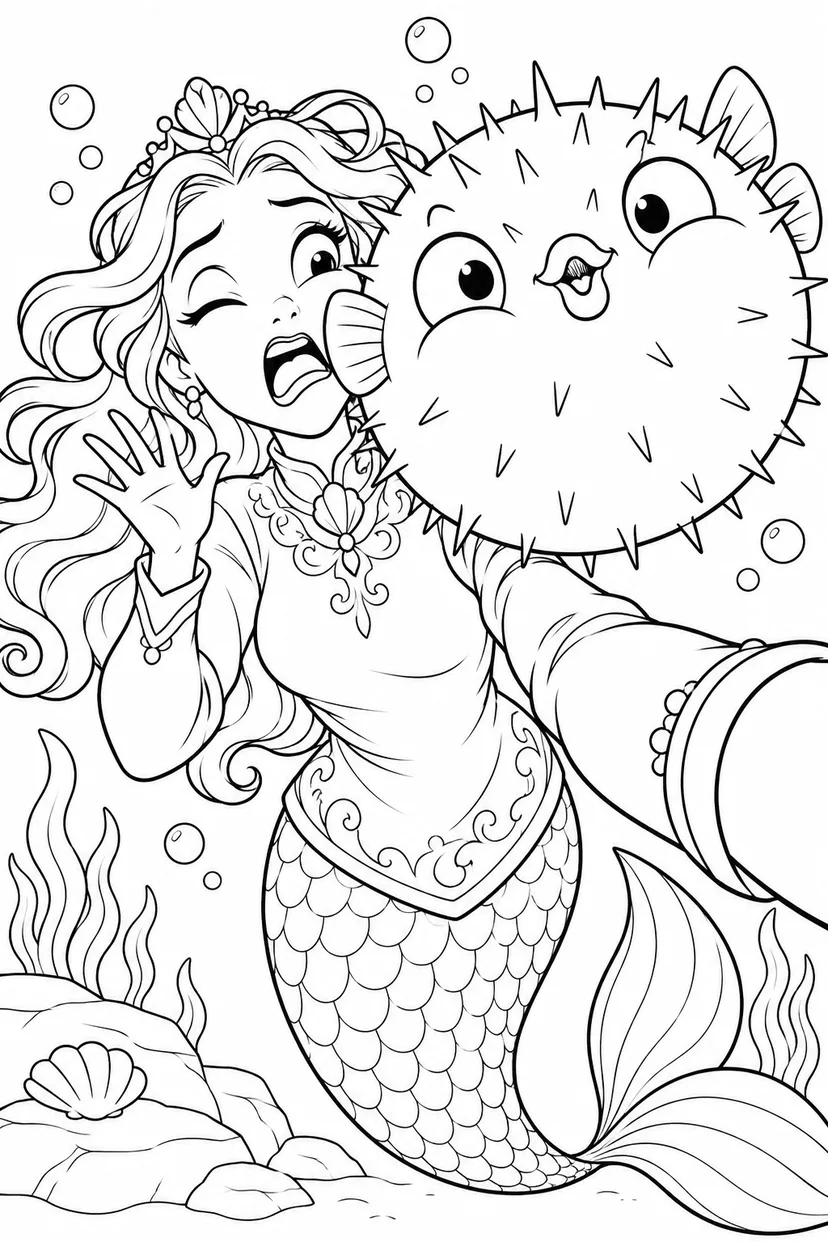 人魚姫：自撮りをじゃまするフグの塗り絵