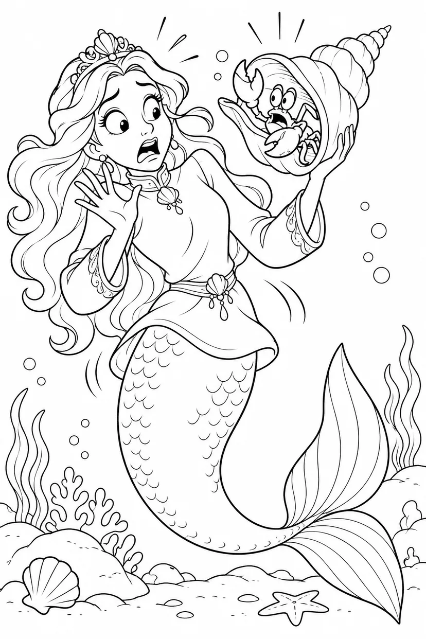 人魚姫：貝の電話からカニがこんにちはの塗り絵