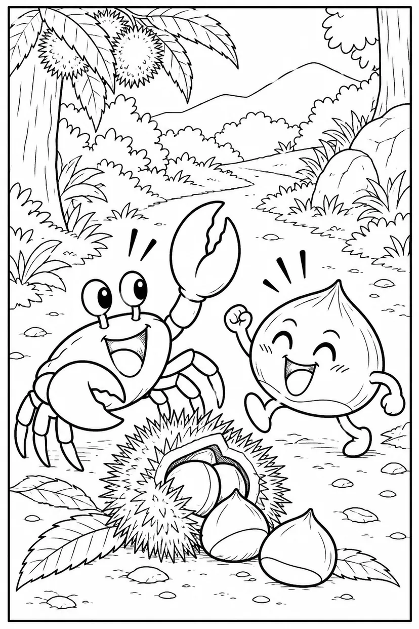 さるかに合戦 ギャグ：かにと栗の出会いの塗り絵