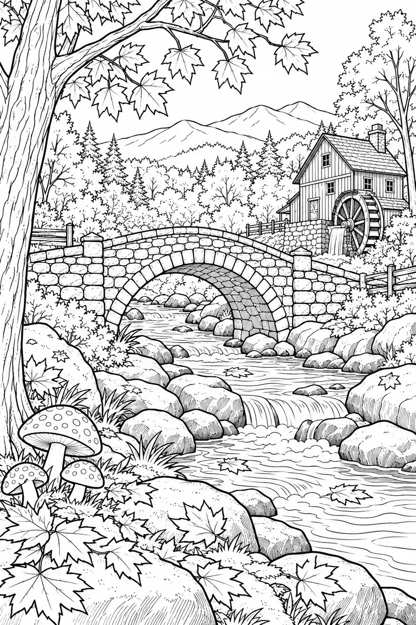秋の小川の橋めぐりの塗り絵