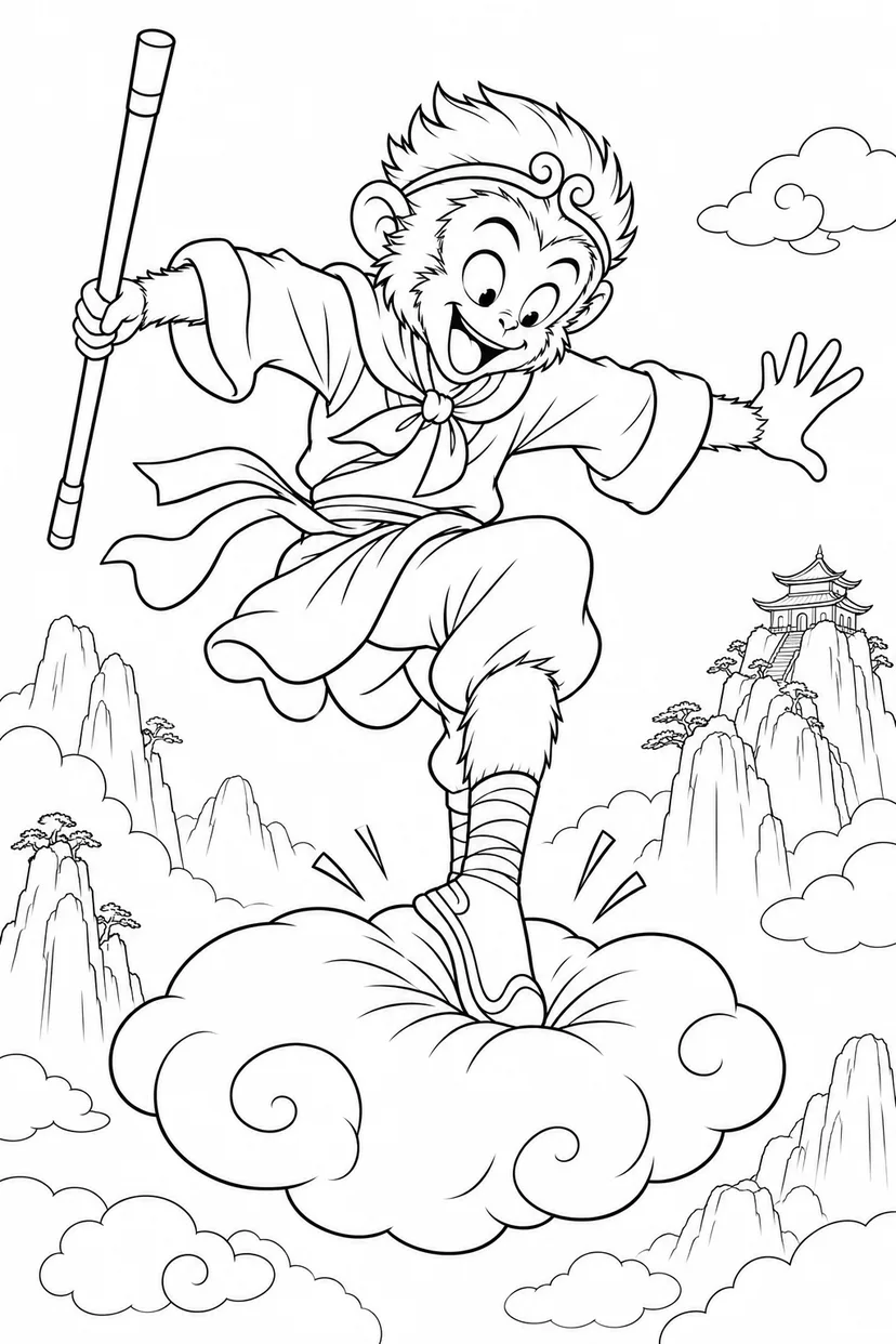 どたばた西遊記：悟空とふわふわの雲の塗り絵