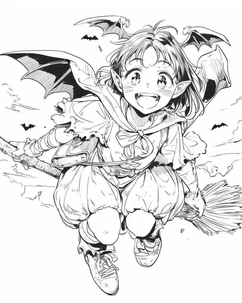 空を飛ぶ魔女の女の子の塗り絵