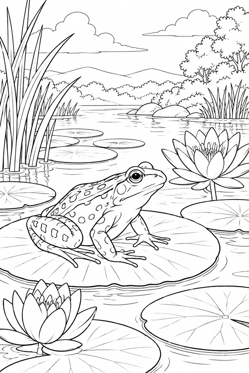 自然のひとこま：カエルとスイレンの葉の塗り絵