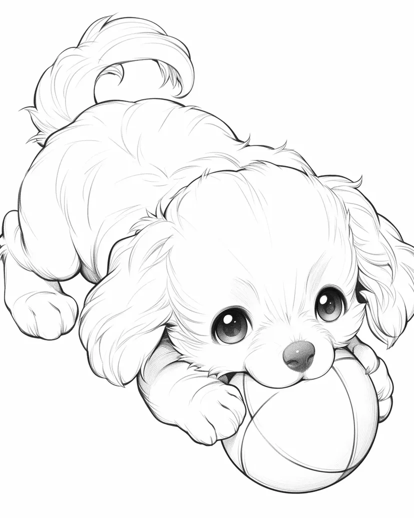 ボールで遊ぶかわいい子犬の塗り絵