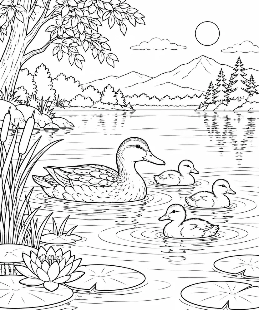 自然のひとこま：カモと広がる波紋の塗り絵