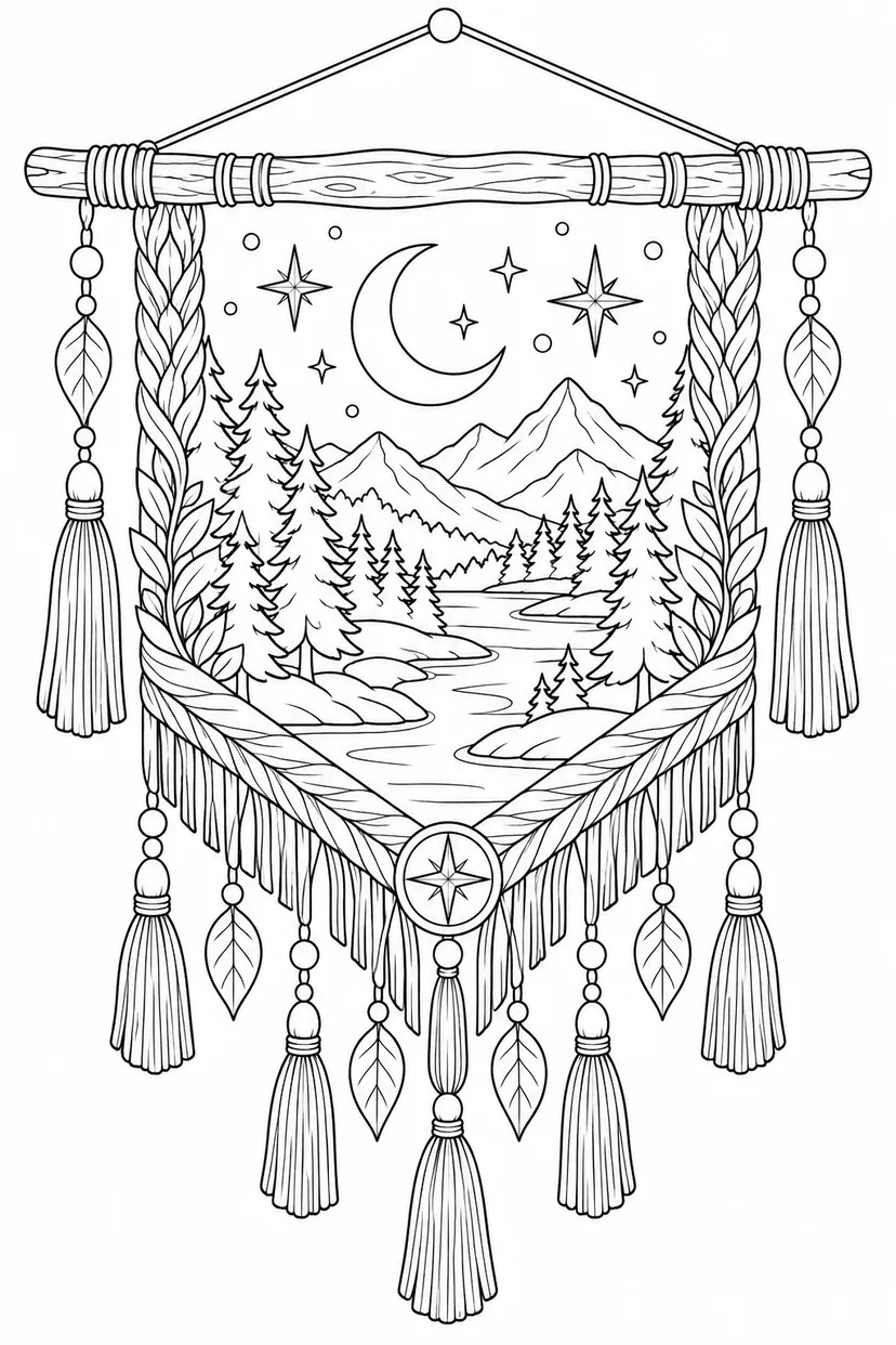 森と星を織り込んだ壁掛けの塗り絵