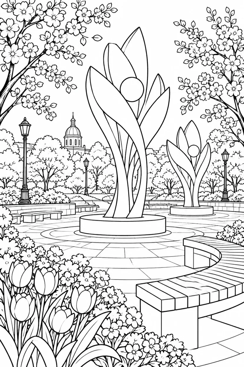 春の公園の彫刻広場の塗り絵