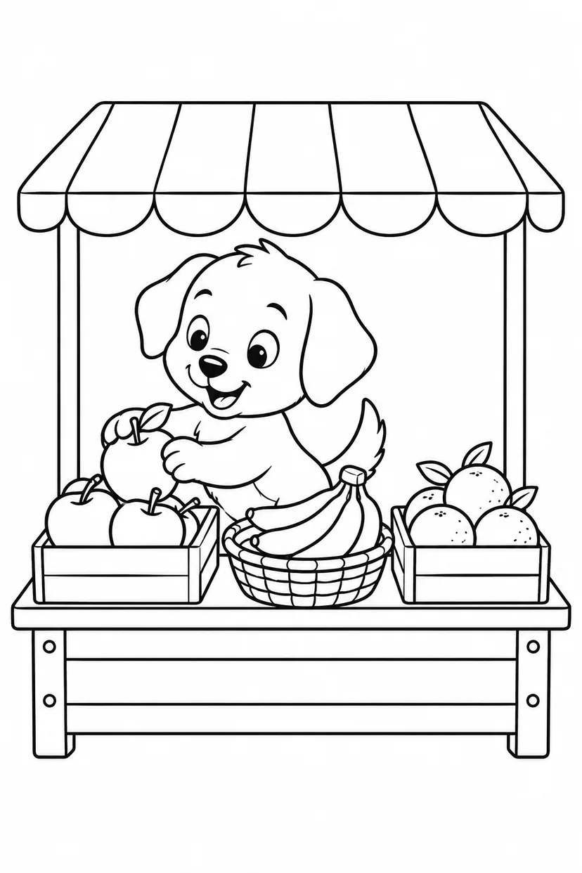 こいぬの果物屋さんの開店準備の塗り絵