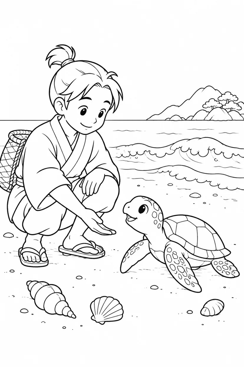 浦島太郎：浜辺の小さな出会い（ほっこり）の塗り絵