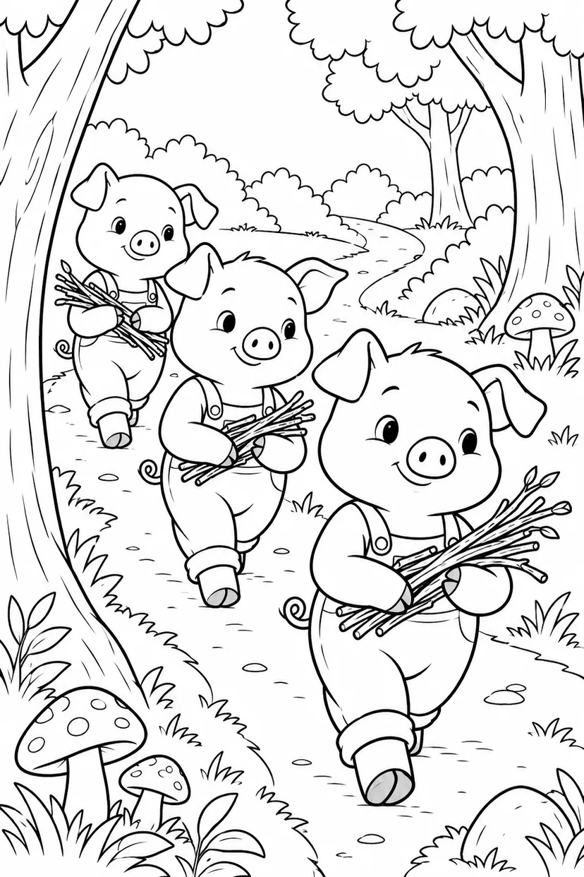 三只小猪：抱着树枝回家涂色页