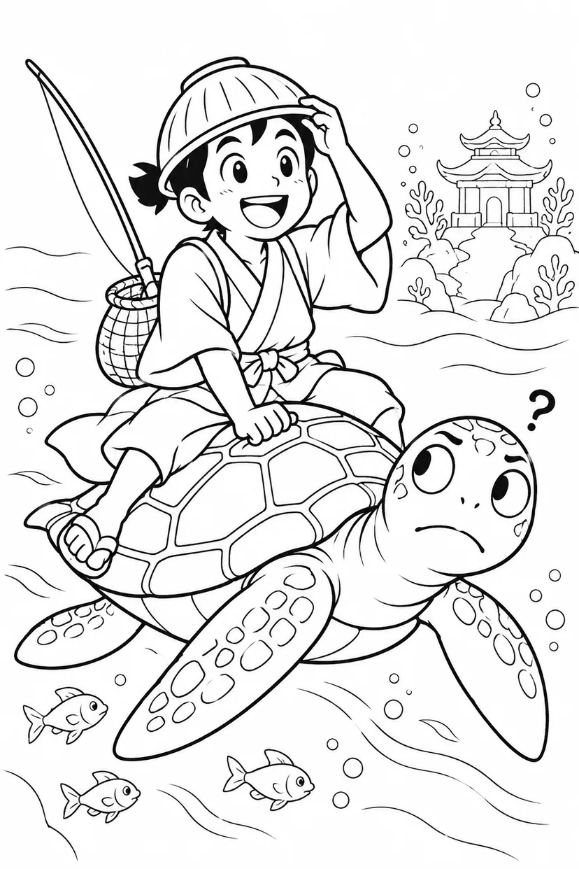 浦島太郎：お椀のヘルメット（ギャグ）の塗り絵