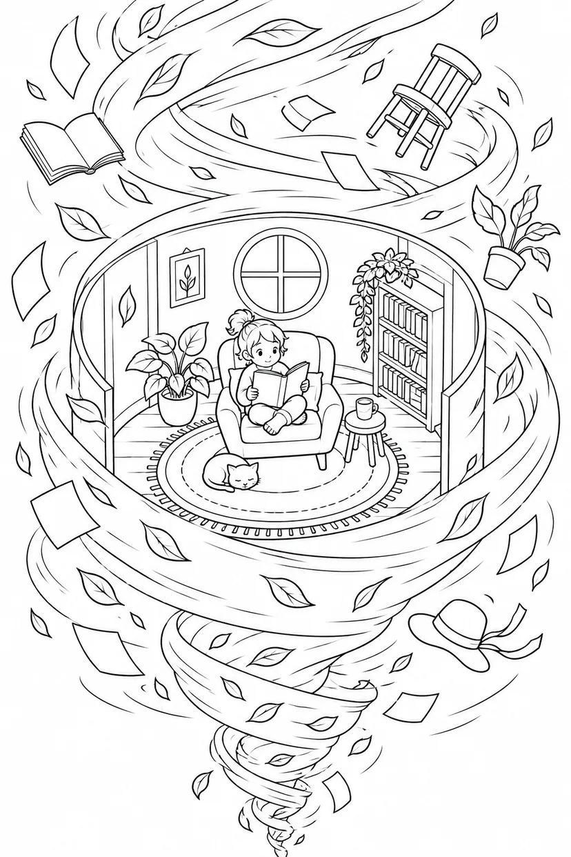 竜巻の中心の静かな部屋の塗り絵
