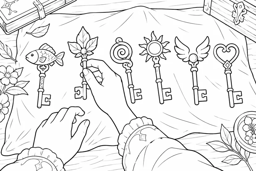 魔法の鍵を選ぶ手の塗り絵