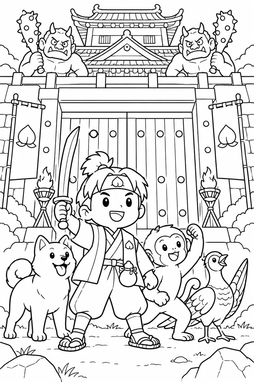 ほっこり桃太郎：桃太郎一行と鬼ヶ島の門の塗り絵
