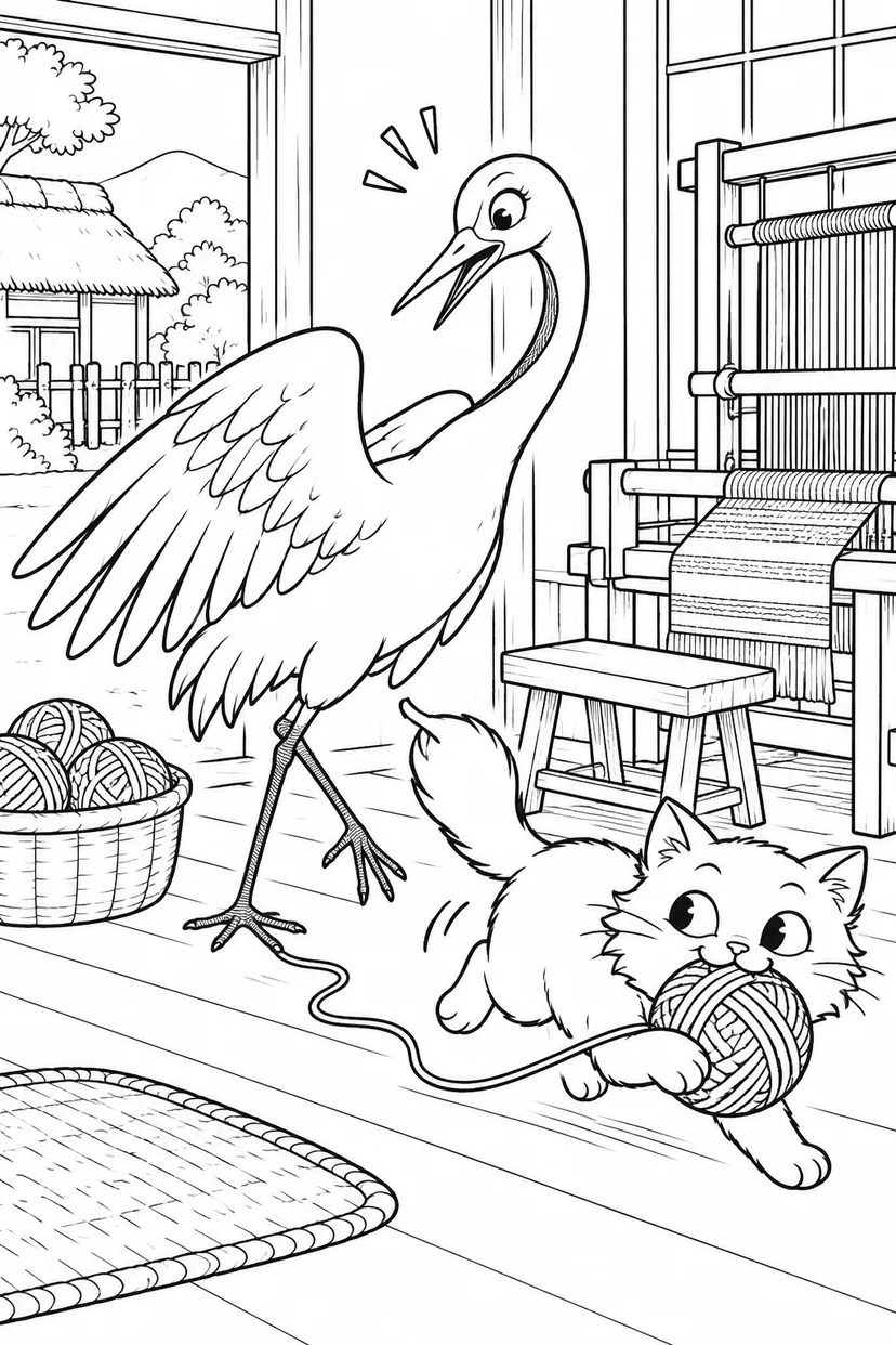 つるの恩返し：ねこに糸玉を取られたの塗り絵