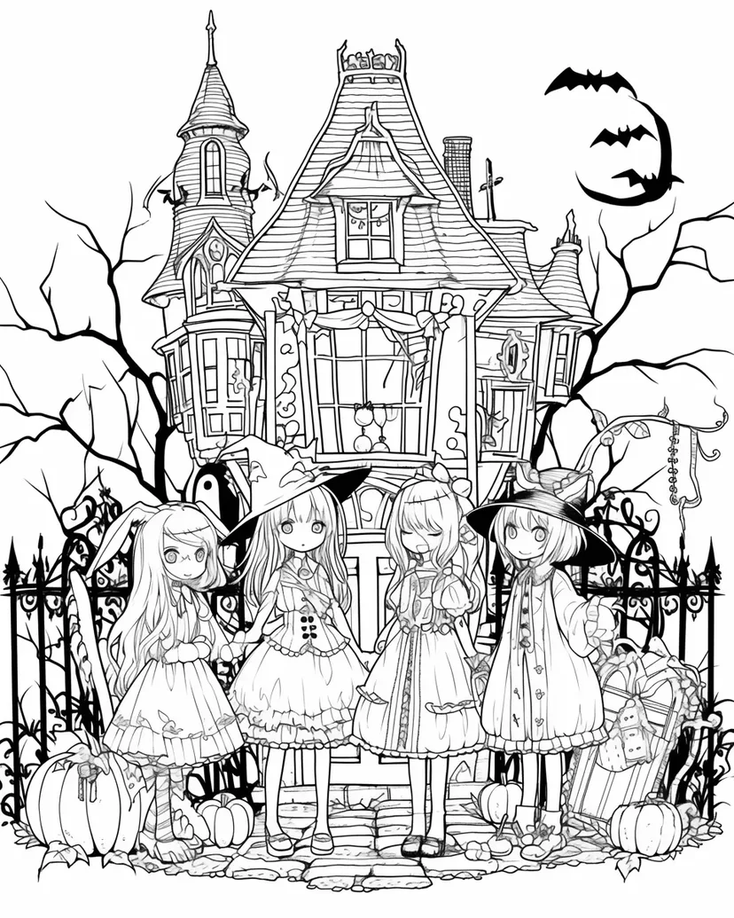 ハロウィンの魔女たちの集いの塗り絵