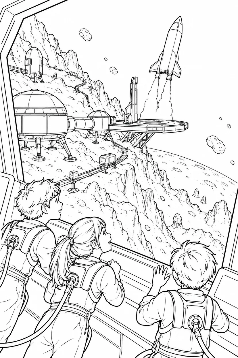 小惑星の岩山基地：小型宇宙船の発進の塗り絵