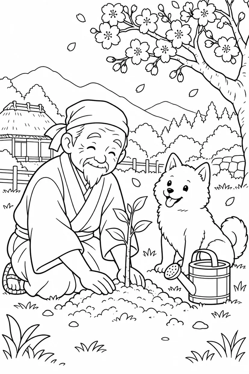 はなさかおじさん：白い犬と桜の苗木植え（ほっこり）の塗り絵
