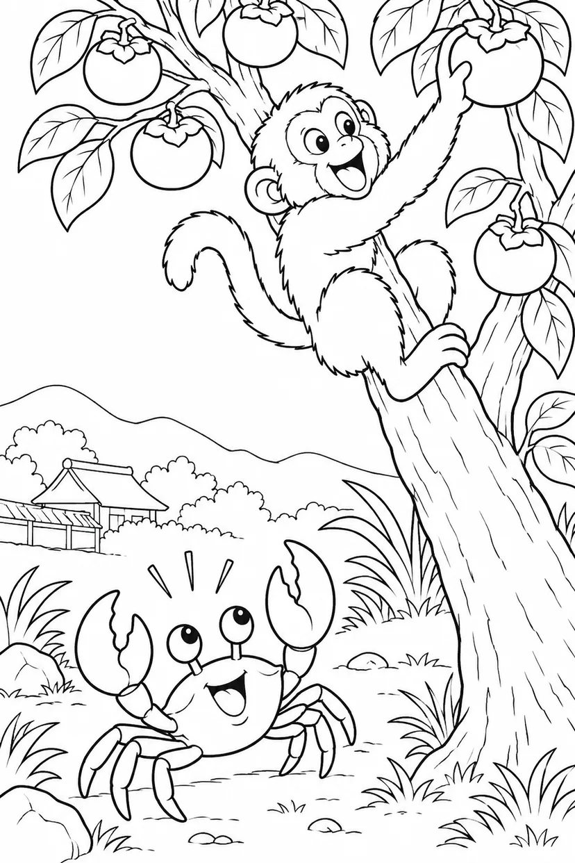 さるかに合戦 ギャグ：柿の木に登るさるの塗り絵