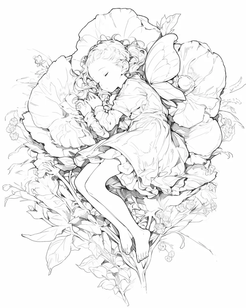 花のベッドで眠る妖精の塗り絵