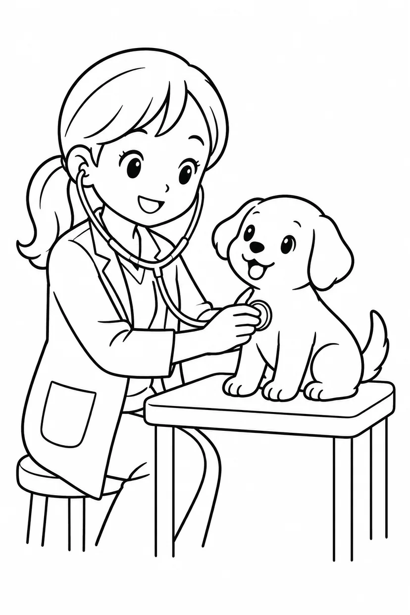 獣医さんと子いぬの塗り絵