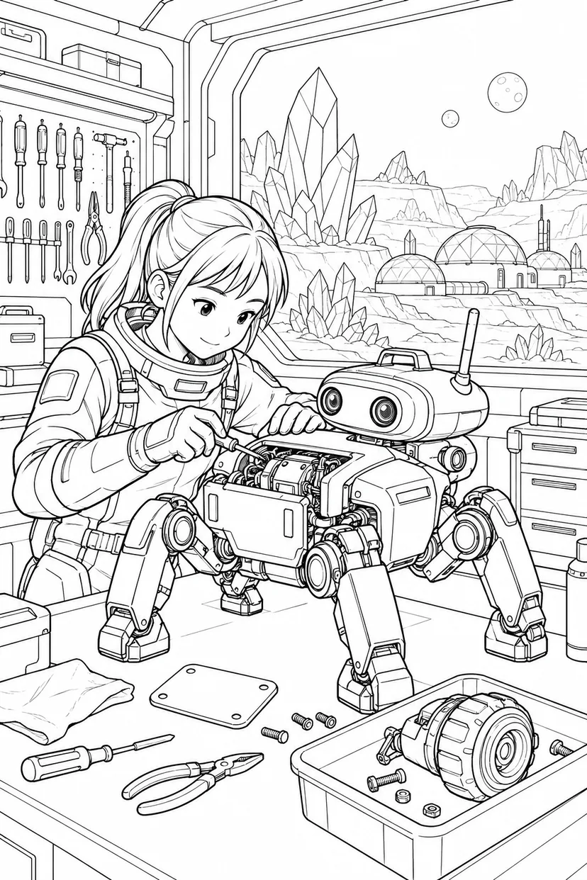 空想の結晶惑星の基地：ロボットの整備工房の塗り絵