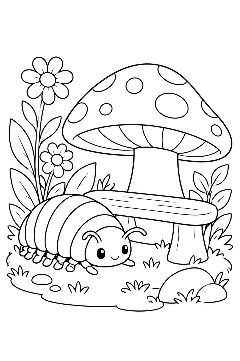 ダンゴムシときのこのベンチの塗り絵