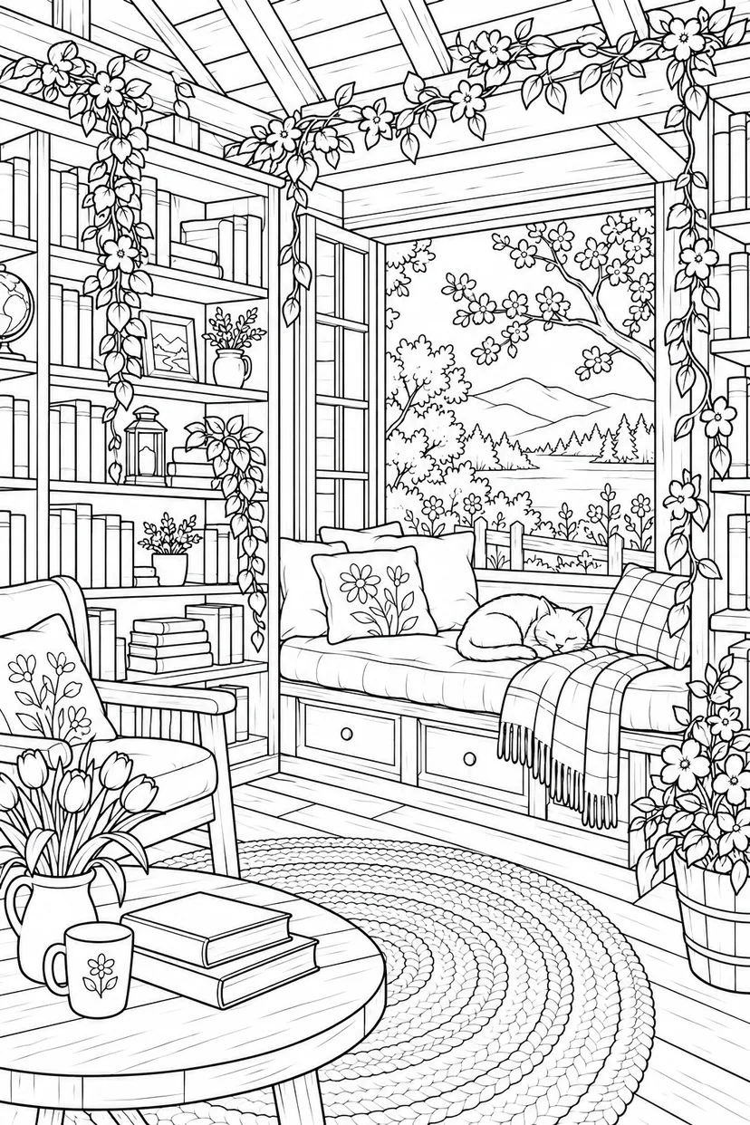 春の森の読書小屋の塗り絵