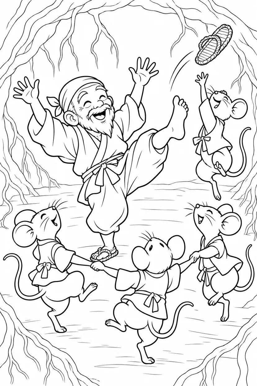 おむすびころりん・ギャグ：おじいさんも輪になっての塗り絵
