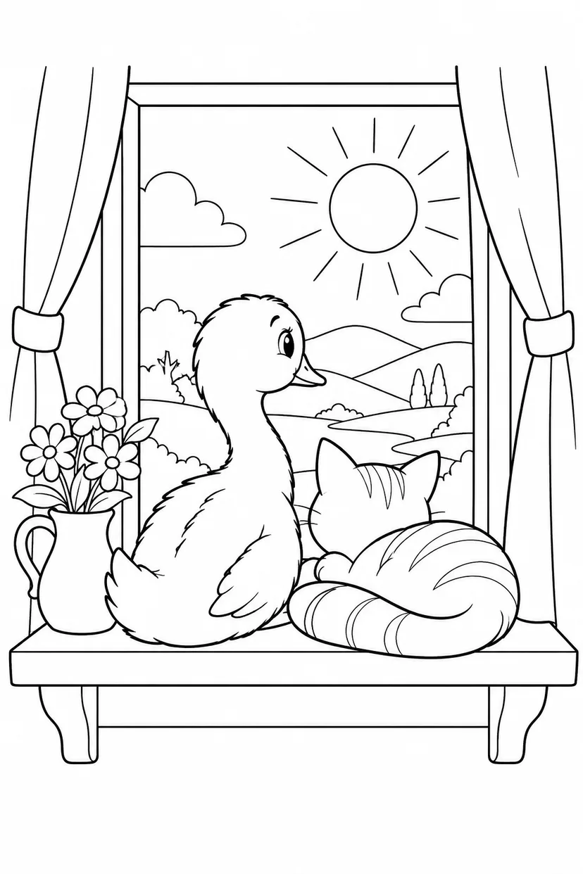 醜いアヒルの子：窓辺のねことゆっくり夕方の塗り絵