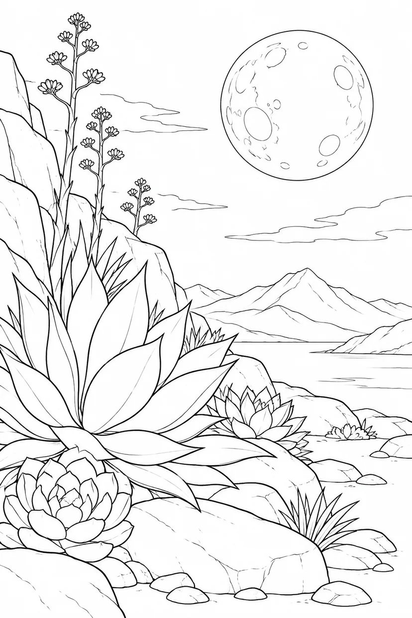 多肉植物の岩庭と満月の塗り絵