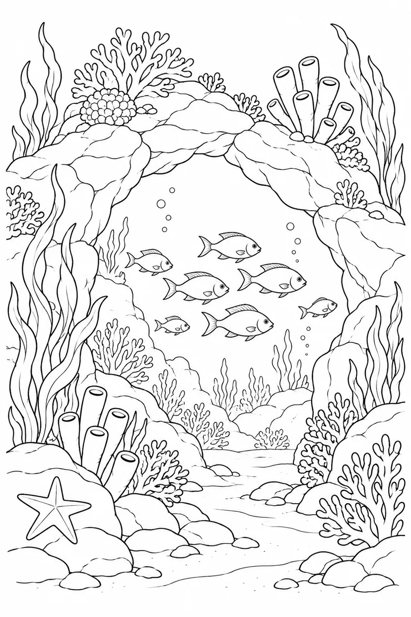 湖底のアーチと静かな魚群の塗り絵
