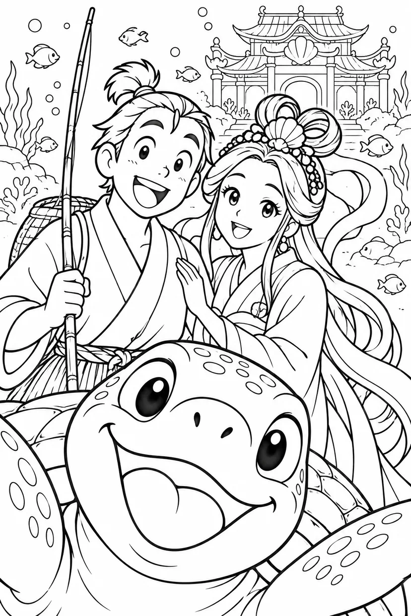 浦島太郎：記念の一枚に亀がどーん（ギャグ）の塗り絵