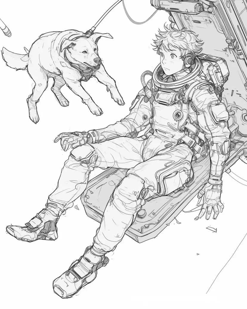 Desenho de Menino e Cachorro Flutuando no Espaço para colorir