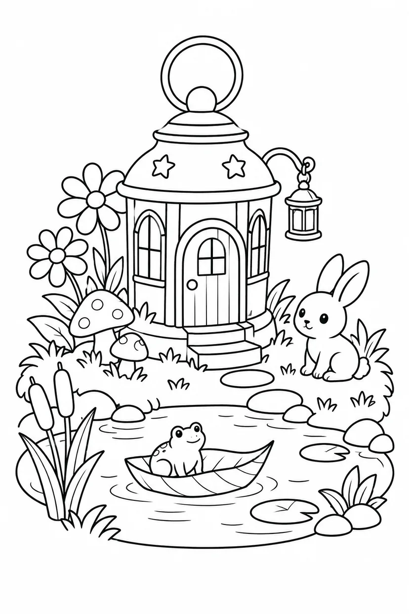 ランタンのおうちの池の庭の塗り絵