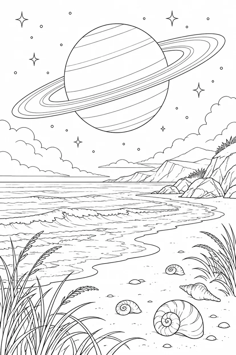 貝殻のある砂浜と環のある惑星の塗り絵