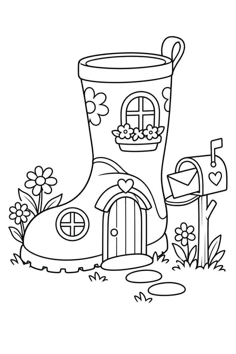 長ぐつのおうちの郵便受けの塗り絵