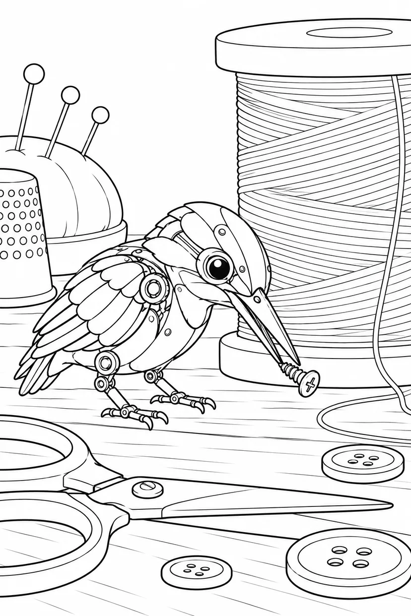 ネジを拾う小さな機械の鳥の塗り絵