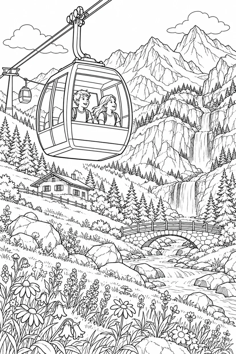 夏のロープウェイの山旅の塗り絵