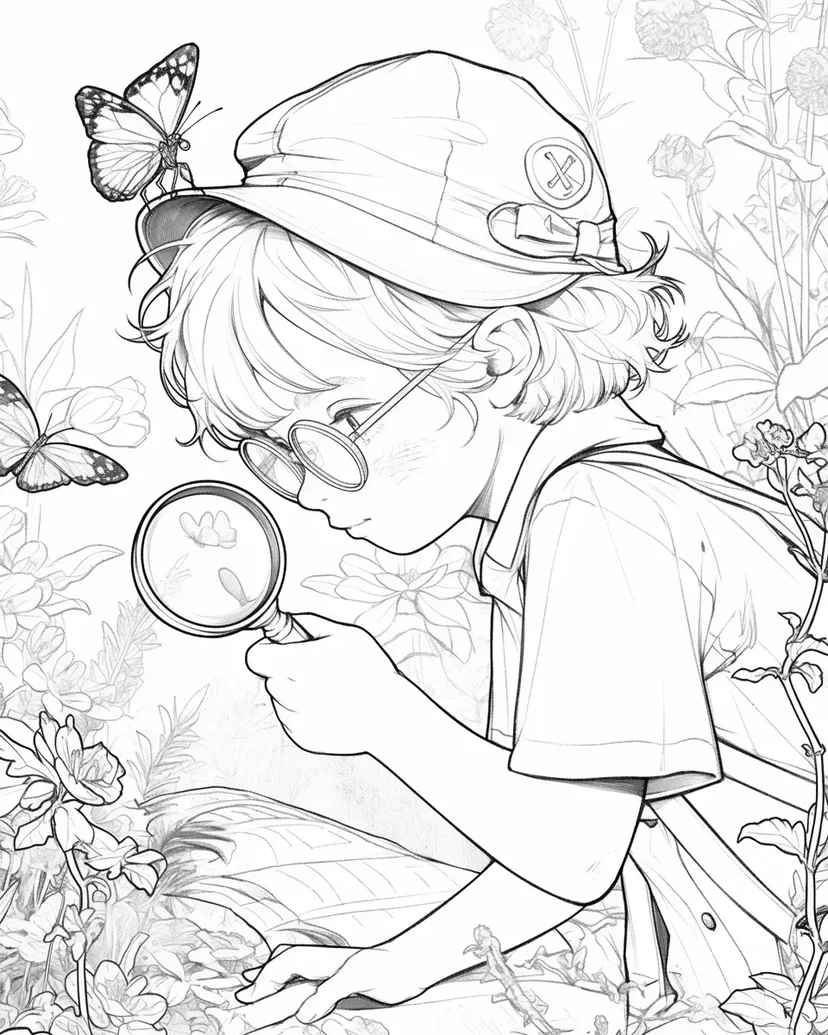 Desenho de Exploração da Natureza com uma Lupa para colorir