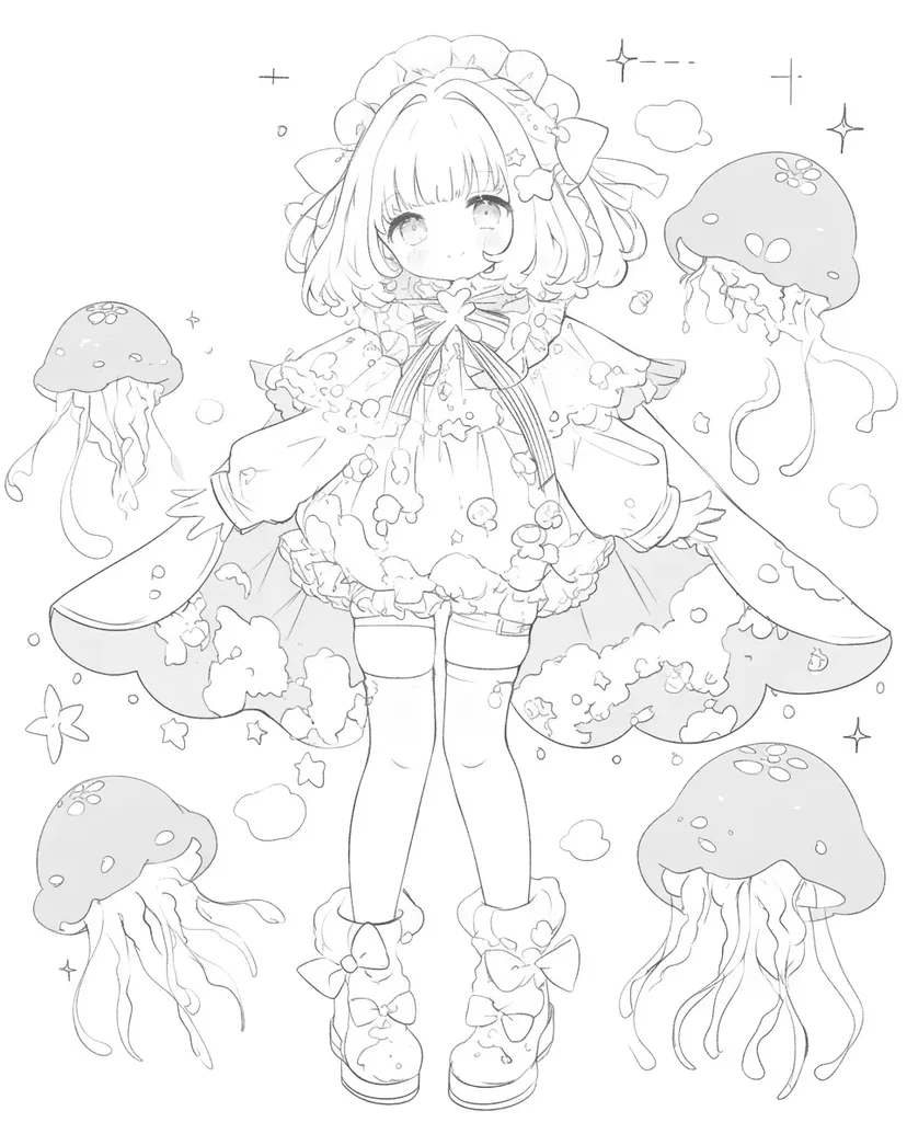 ふわふわクラゲの妖精の塗り絵
