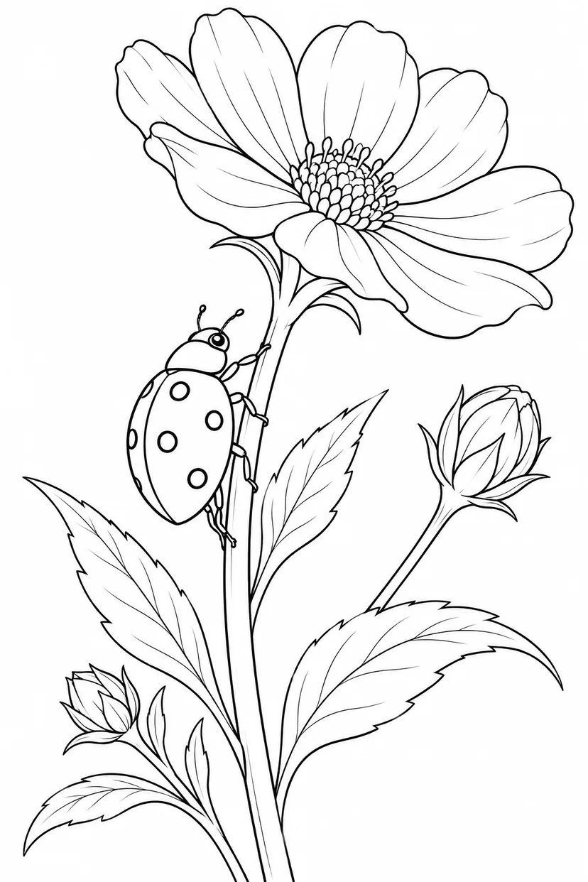 花の茎を登るてんとう虫の塗り絵