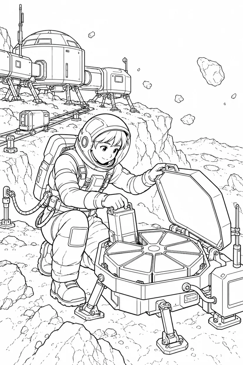 小惑星の岩山基地：宇宙のちりを集める装置の塗り絵