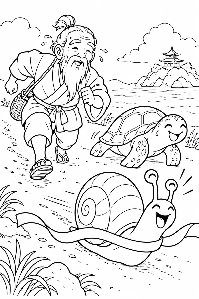 浦島太郎：亀との競走をカタツムリが追い越す（ギャグ）の塗り絵
